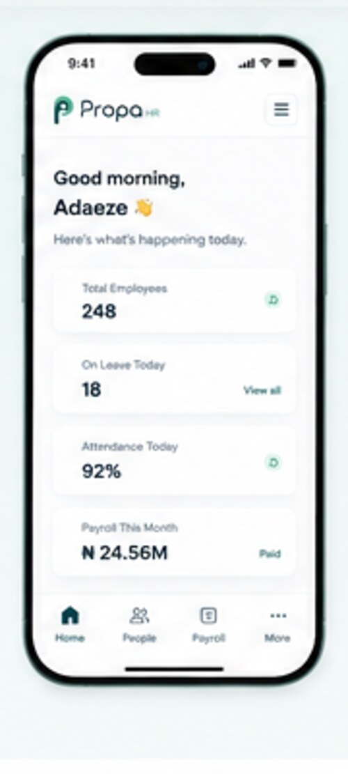 Propa HR mobile app showing employee count, attendance and payroll for the month